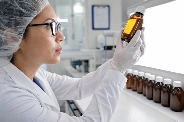 Quality control inspector examining amber glass oral liquid bottles on a modern production line