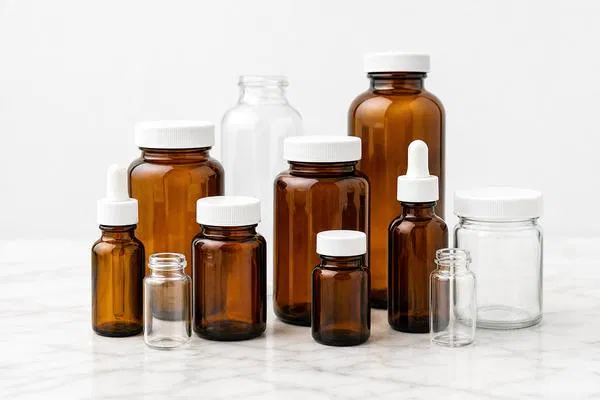 A collection of amber and clear glass pharmaceutical pill bottles and dropper bottles on a white marble surface