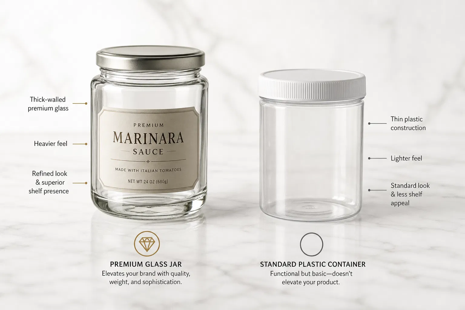 Side-by-side comparison of a premium thick-walled glass sauce jar and a standard plastic container on white marble