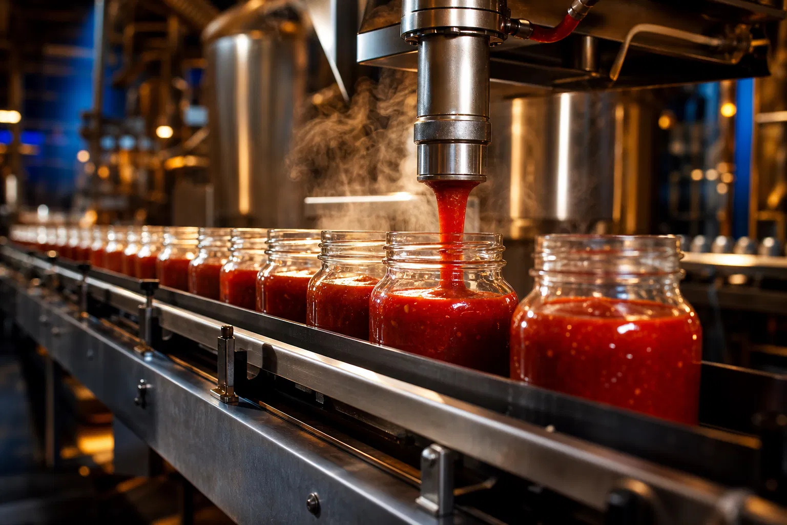Industrial hot-fill production line with glass jars being filled with hot tomato sauce, steam rising, dramatic factory lighting