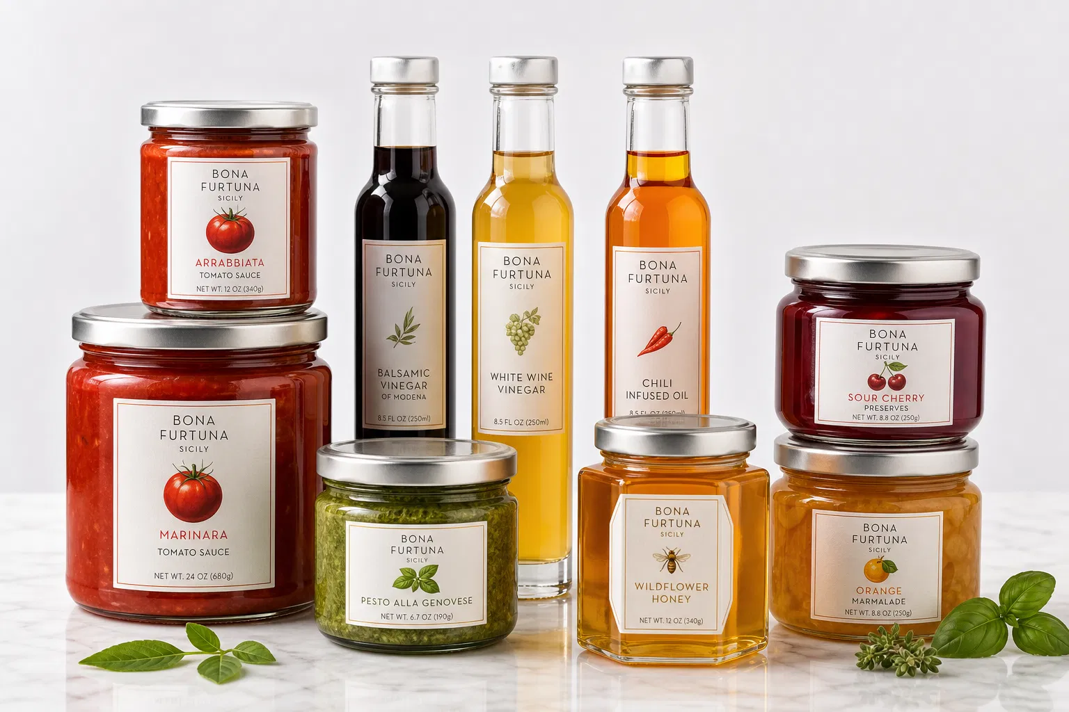 Collection of premium clear glass food jars including sauce jars, condiment bottles, honey jars and preserve jars on white marble