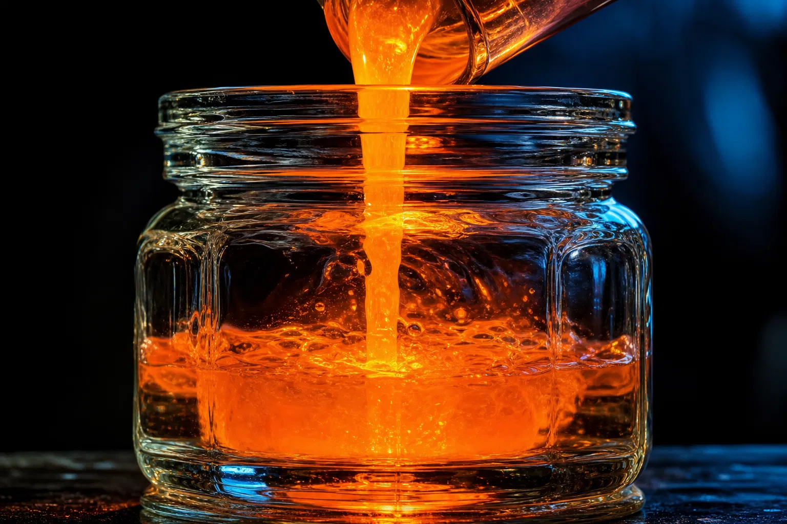 Dramatic macro close-up of a thick-walled glass jar being filled with glowing hot orange liquid, highlighting thermal resistance
