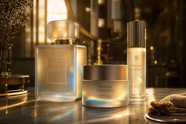 Luxury glass beauty packaging with prismatic light refraction on a vanity table — sensory packaging revolution 2026