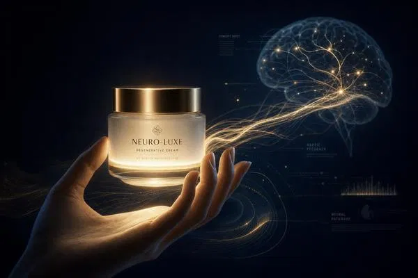 Haptic feedback neuroscience visualization — hand holding luxury glass cream jar with neural pathway connections to brain