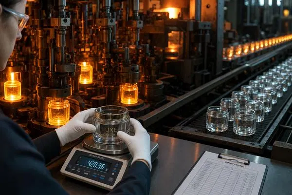 GlassyPack glass bottle manufacturing quality control — technician weighing thick-walled luxury cream jar on precision scale with production line in background