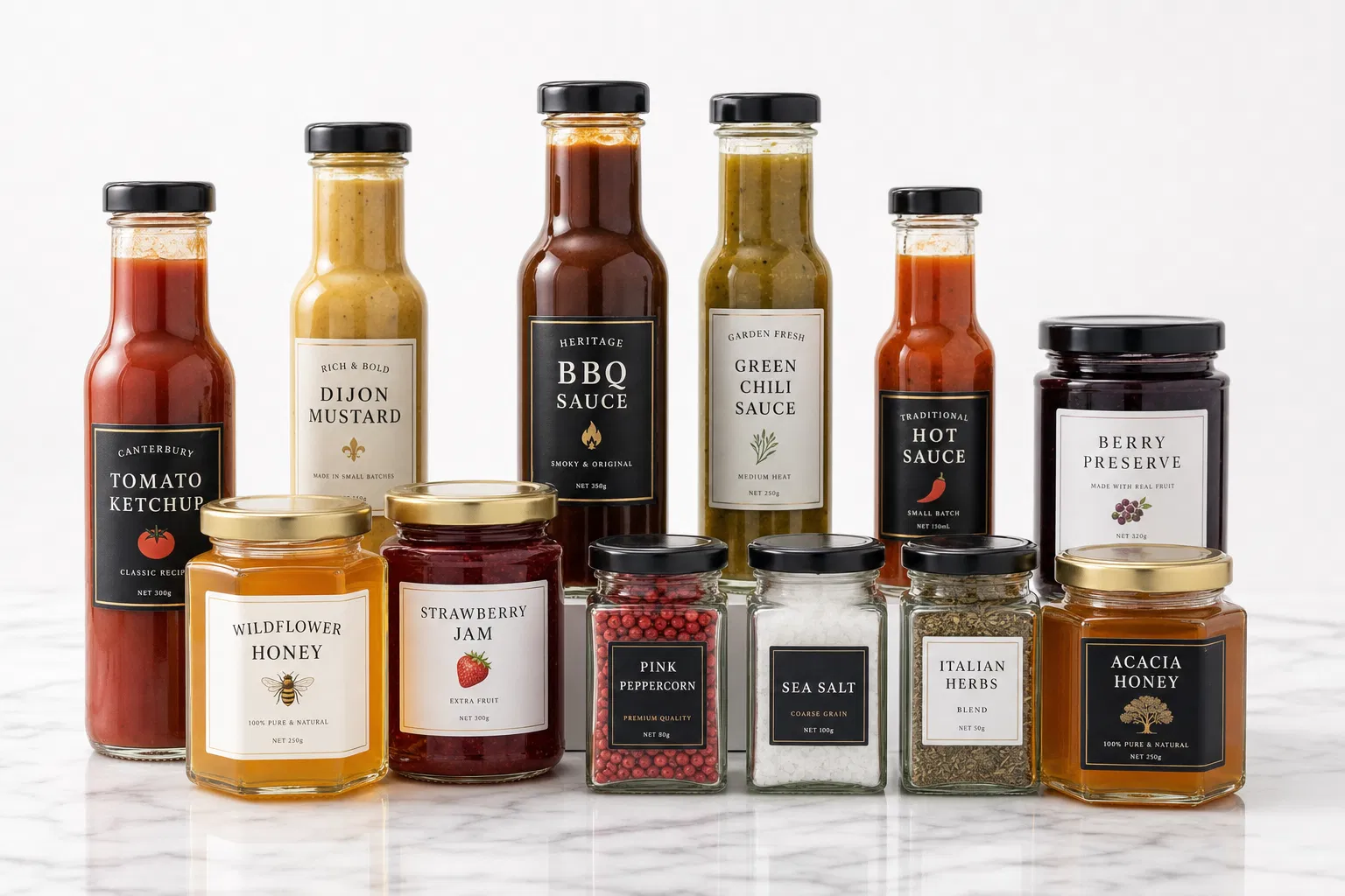 Diverse collection of custom glass food jars and condiment bottles including ketchup, mustard, honey, jam and spice jars on white marble