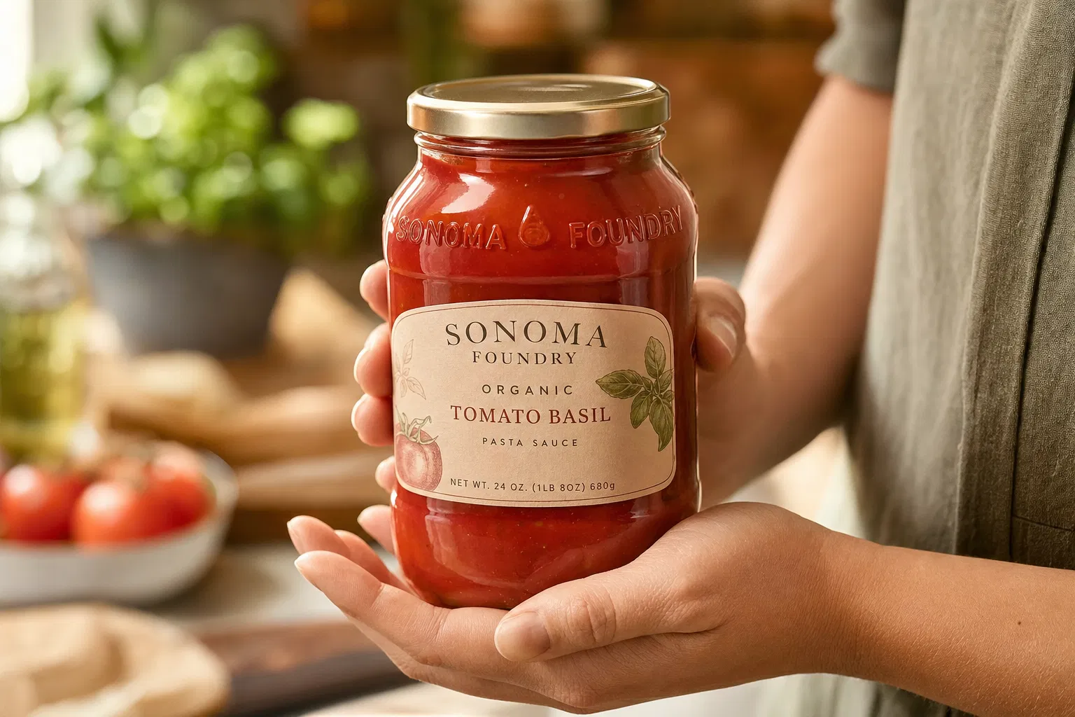 Person's hands holding a premium glass jar of organic tomato basil sauce in a warm kitchen setting, conveying quality and trust