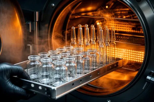 Borosilicate glass vials and ampoules being loaded into an autoclave sterilization chamber