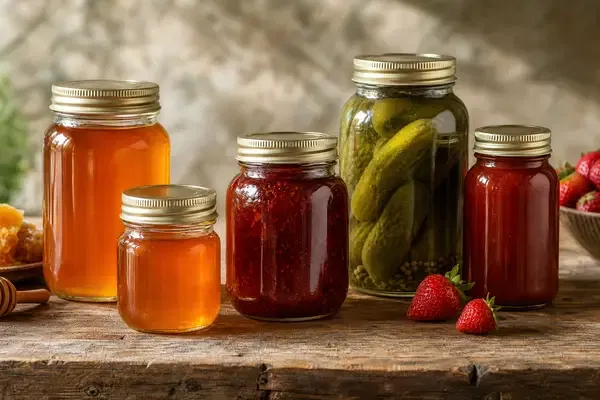 Various bulk food products including sauces and pickles packaged in efficient lug cap glass jars