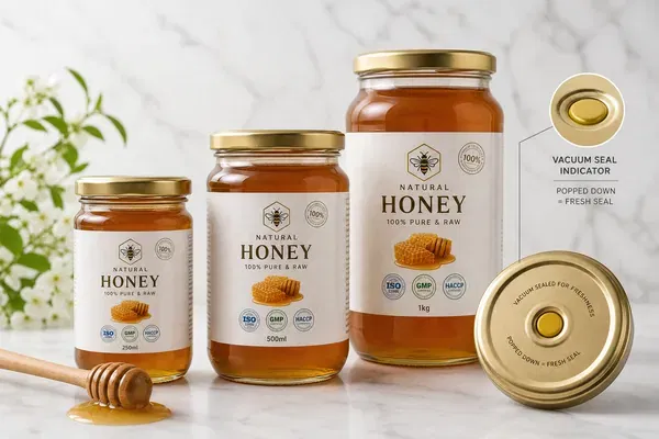 Various sizes of bulk glass honey jars ready for export, demonstrating secure packaging