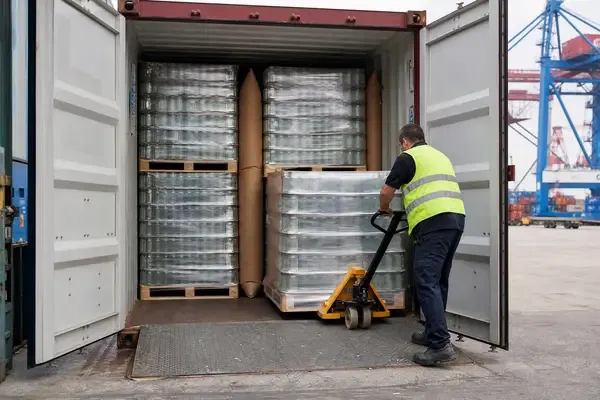 A warehouse worker loading stretch-wrapped pallets of glass jars into a shipping container at a port, with dunnage airbags visible