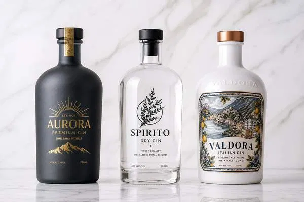 Three premium spirit bottles side by side showing different custom decoration techniques: matte frosting, silk screening, and ceramic label