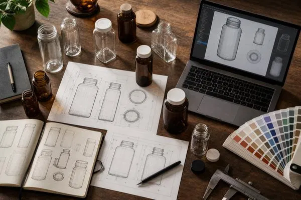 A designer's desk showing blueprints, glass bottle prototypes, and Pantone color swatches for custom packaging