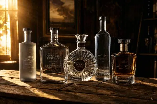 A collection of premium custom glass liquor bottles on a rustic wooden tasting table