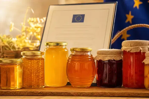 Global logistics and compliance scene with clear glass honey and jam jars in the foreground
