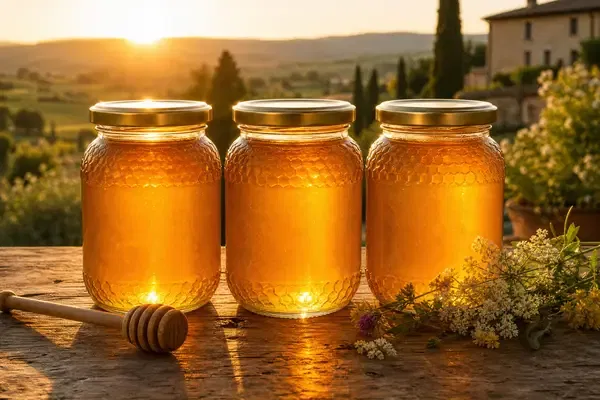 A row of premium clear glass honey jars on a wooden table, with sunlight shining through the golden honey, highlighting its clarity and purity
