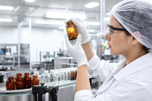Quality control inspector examining amber glass pill bottles on a bright factory production line
