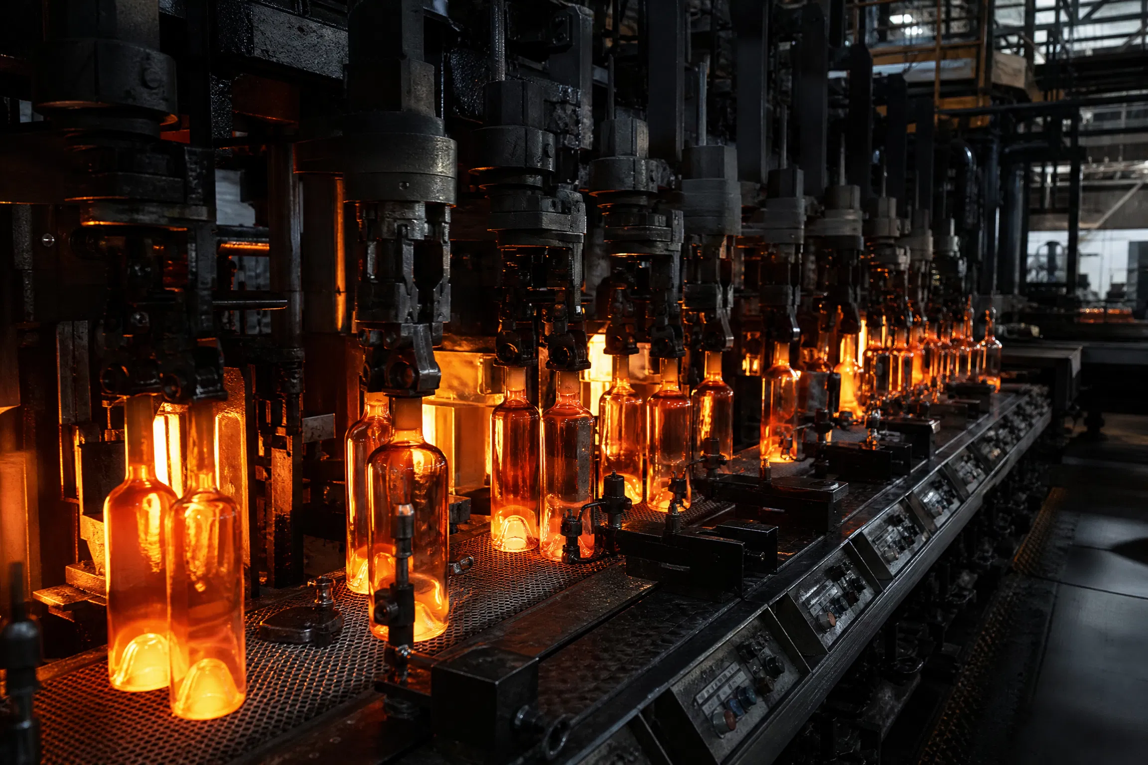Inside a modern glass bottle manufacturing facility with glowing molten glass on automated production line
