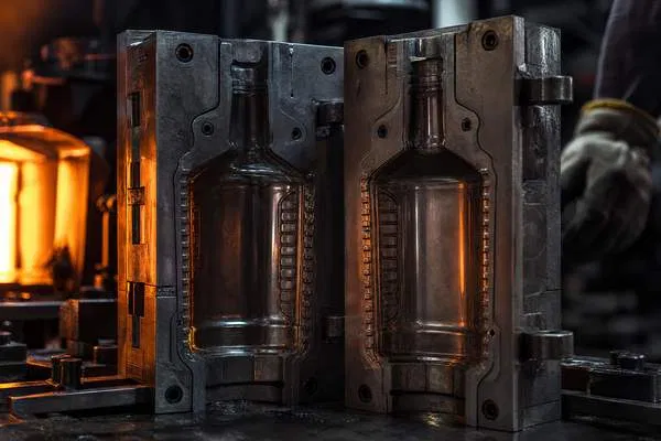 An open steel mold used for manufacturing custom glass liquor bottles, illuminated by furnace light