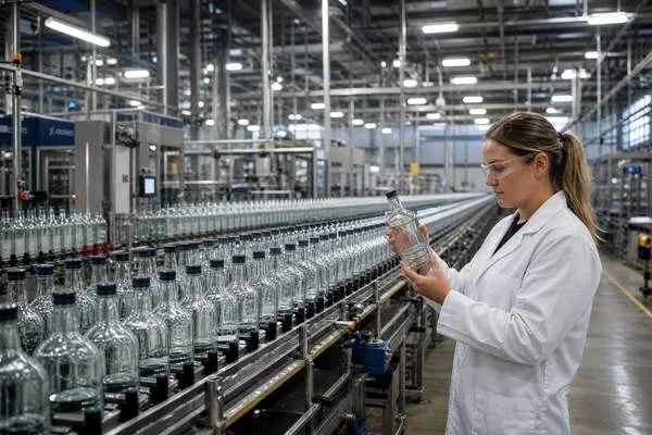 Thousands of glass spirit bottles moving along an automated factory production line during quality inspection