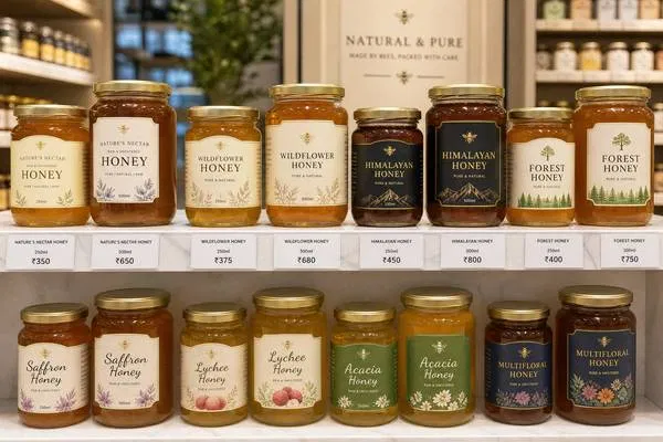 Premium 250ml and 500ml glass honey jars displayed on a retail supermarket shelf