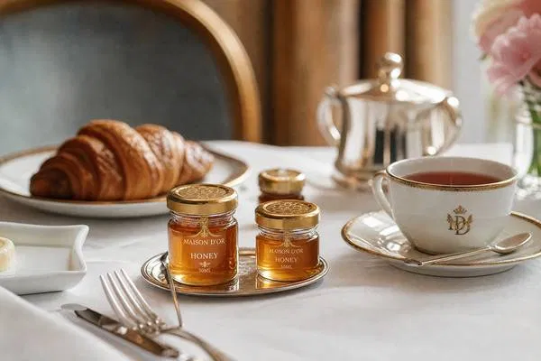 Elegant 30ml single-serve glass honey jars on a hotel breakfast table