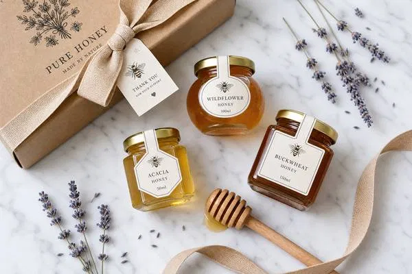 Artisan honey gift set featuring 50ml to 150ml glass jars with a wooden dipper