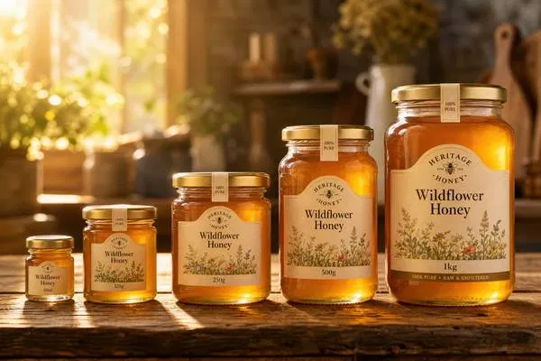 Various sizes of glass honey jars arranged on a rustic table