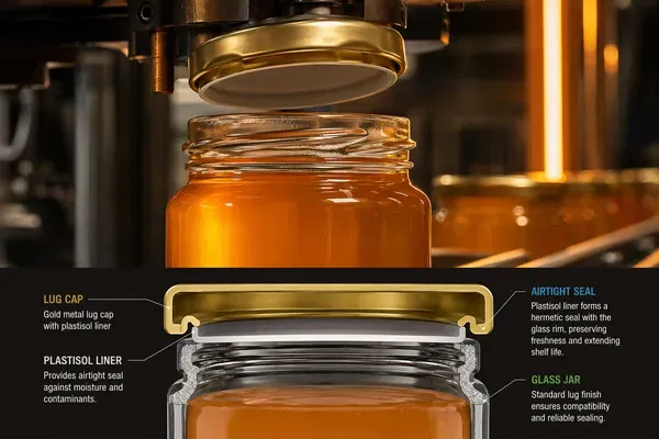 Industrial close-up showing the airtight seal mechanism of a gold metal lug cap on a glass honey jar