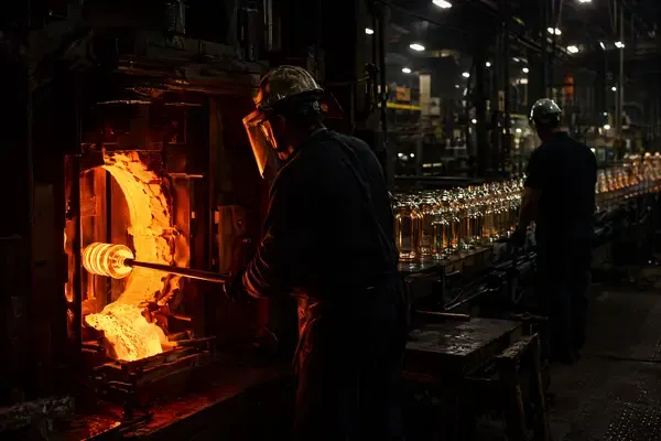 Industrial glass manufacturing facility showing high-quality glass jars moving along a production line
