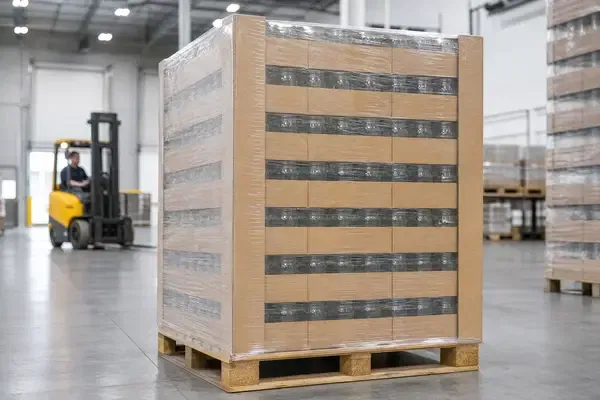 A perfectly shrink-wrapped pallet of clear glass jars in a modern warehouse, ready for safe international shipping