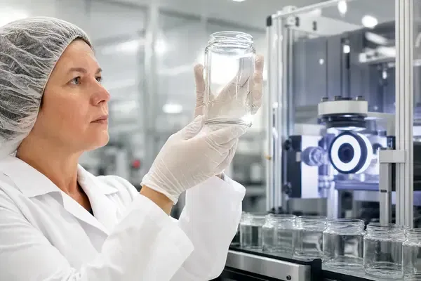A quality control technician in a white lab coat inspecting a clear glass jar under bright light, with an automated optical inspection machine in the background