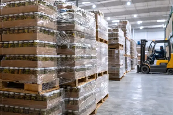 Pallets of empty clear glass pickle jars securely shrink-wrapped and ready for wholesale distribution in a modern warehouse