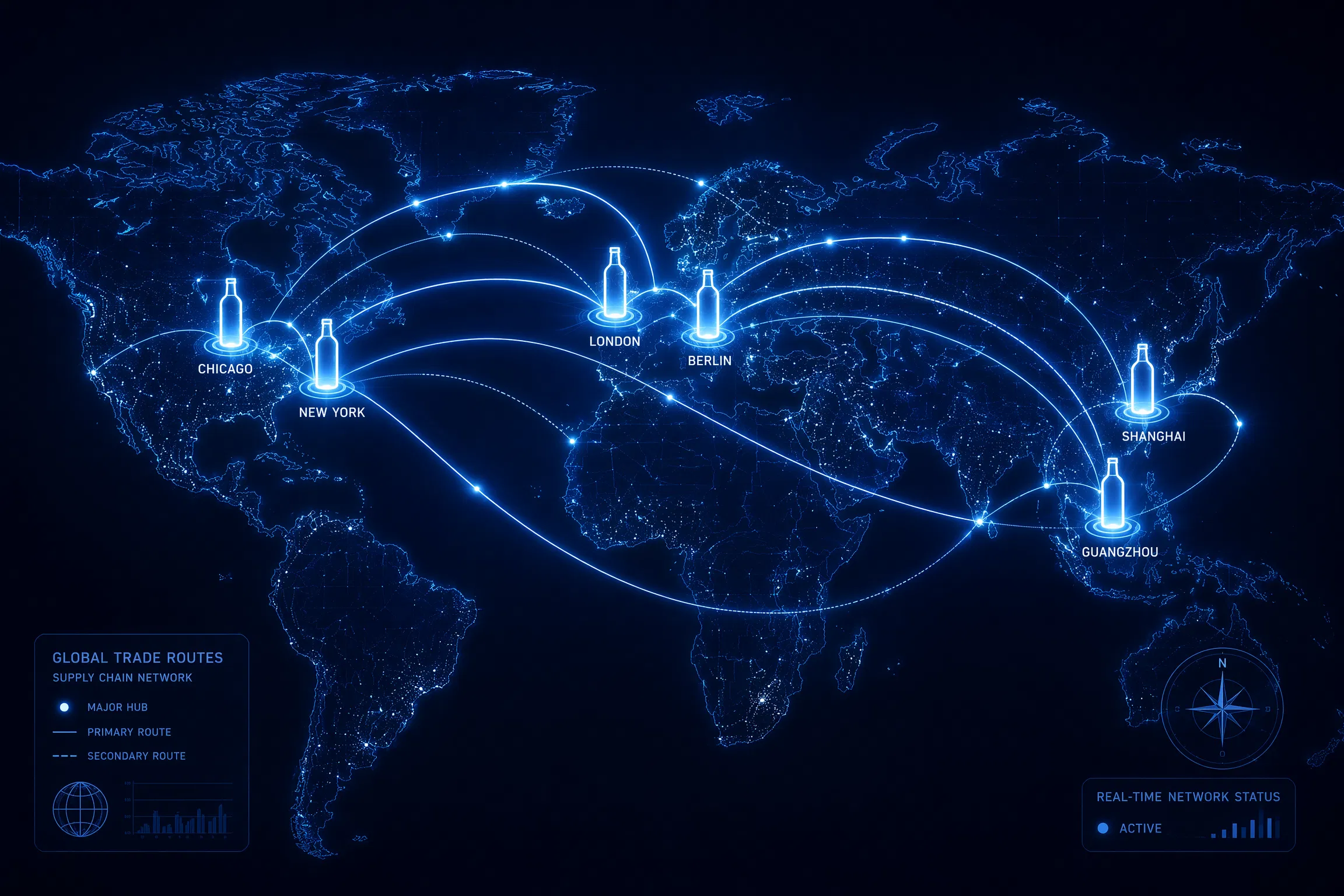 High-tech visualization of global trade routes and glass packaging supply chain network connecting Europe, US, and Asia