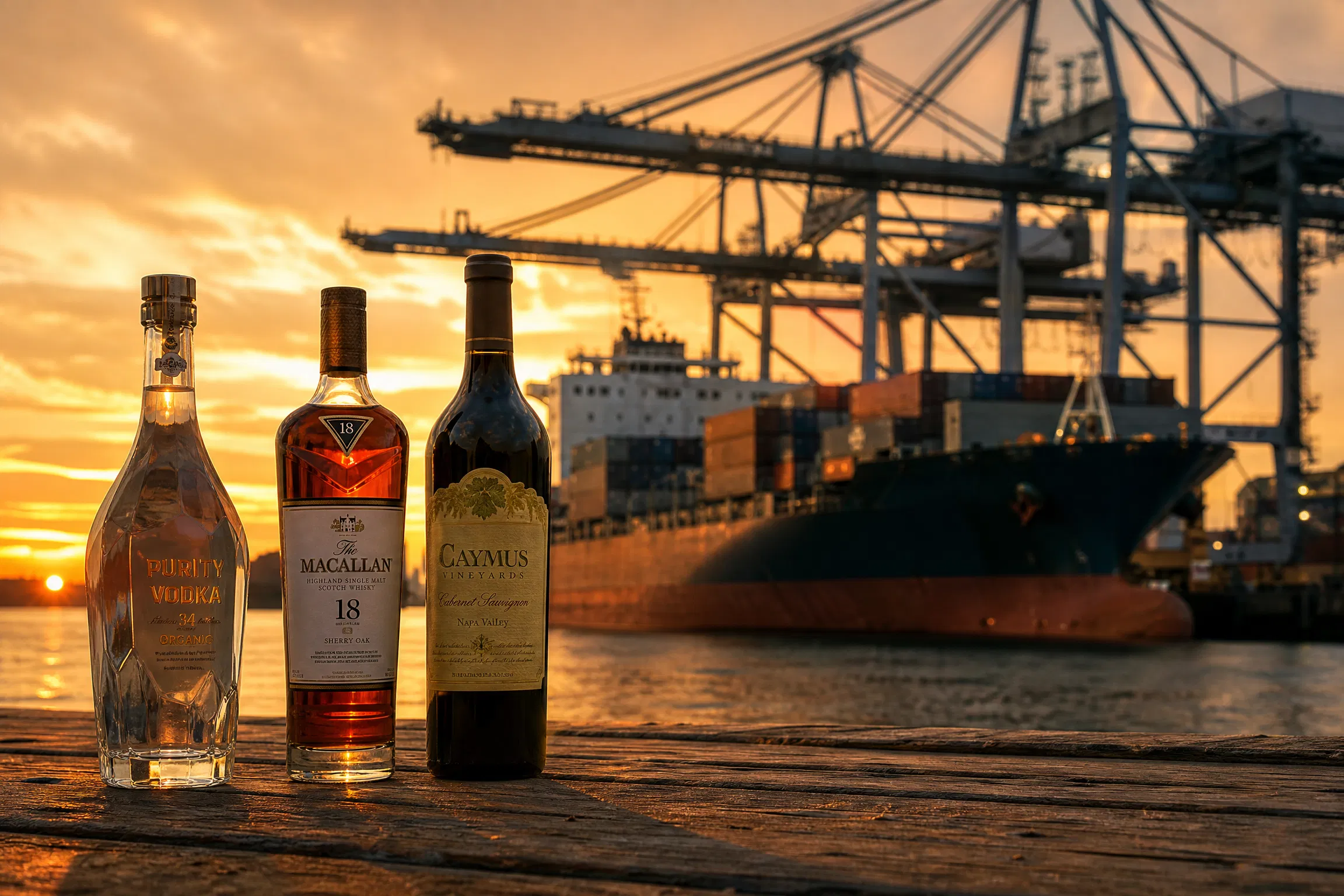 Premium glass liquor bottles in foreground with global cargo ship and port cranes at golden hour