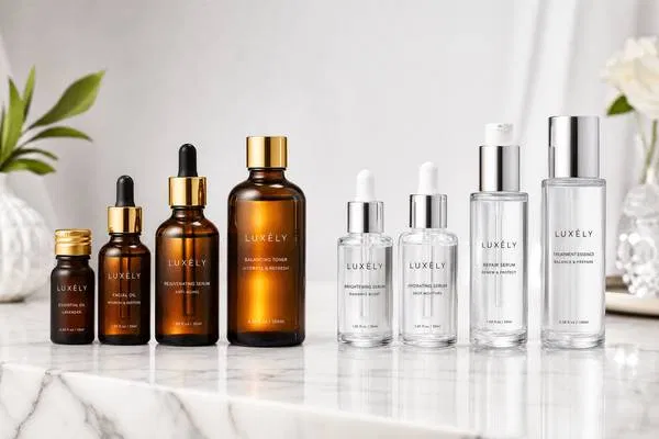 Side-by-side comparison of amber glass essential oil bottles and clear flint glass serum bottles on white marble