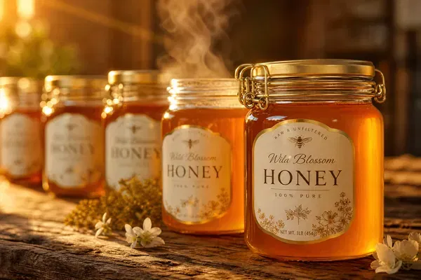Premium glass honey jars with gold metal lug caps, showing perfect airtight seals to prevent fermentation