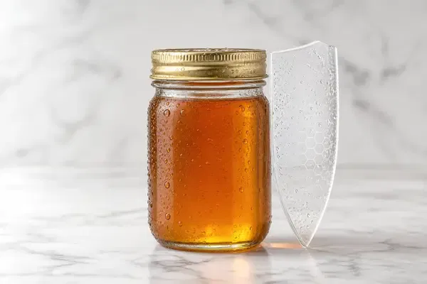 Technical illustration showing a cross-section of a glass honey jar and metal lid, demonstrating the impermeable barrier against external moisture and air