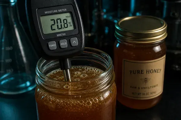 Digital moisture meter testing honey in a glass jar, illustrating the science of fermentation prevention
