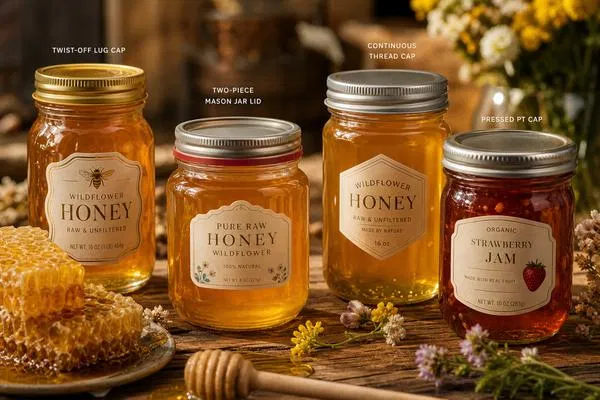 Premium glass honey jars and jam jars with different lid types — twist-off lug cap, mason jar lid, continuous thread cap — on rustic wooden table