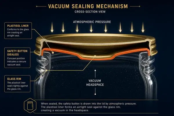 Cross-section diagram of glass jar vacuum sealing mechanism showing plastisol liner, safety button, vacuum headspace, and atmospheric pressure