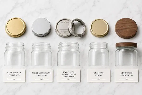Five glass jar lid types comparison flat lay: gold lug cap, silver continuous thread cap, two-piece mason jar lid, press-on PT cap, and decorative wooden lid on white marble