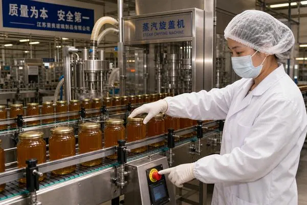 Automated honey jar filling and steam capping production line in a Chinese glass bottle factory — quality control technician inspecting sealed jars
