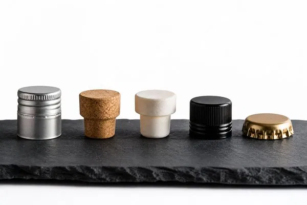 Side-by-side comparison of ROPP aluminum cap, natural cork, synthetic stopper, and screw cap closures for spirit bottles