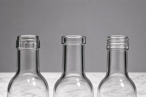 Diagram showing different glass bottle neck finish standards including GPI, BVS, and T-cork profiles