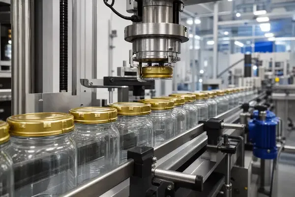 High-speed automated production line applying twist-off lug caps to glass food jars