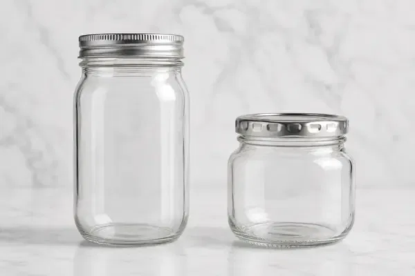 Side-by-side comparison of a classic Mason jar with a two-piece lid and a standard glass jar with a twist-off lug cap