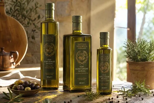 Premium antique green glass olive oil bottles — Dorica cylindrical and Marasca square profiles — on rustic stone counter with Mediterranean props, wholesale glass cooking oil bottles