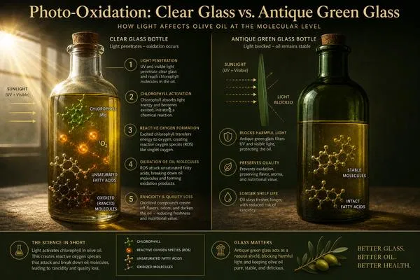 Photo-oxidation infographic: clear glass bottle showing UV light activating chlorophyll and creating rancid oil vs antique green glass bottle blocking light and preserving olive oil quality