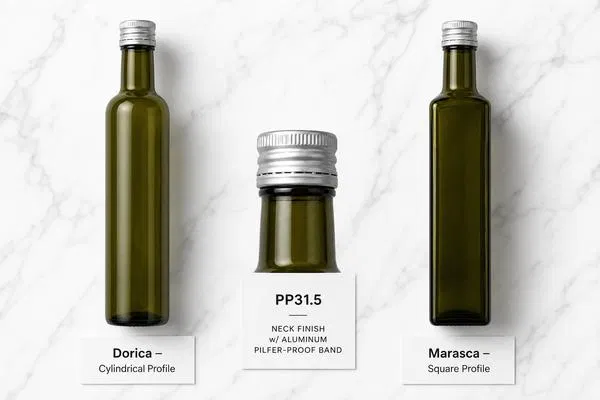 Dorica cylindrical vs Marasca square olive oil bottle comparison on white marble — antique green glass with PP31.5 aluminum ROPP pilfer-proof caps, bulk glass cooking oil bottles wholesale